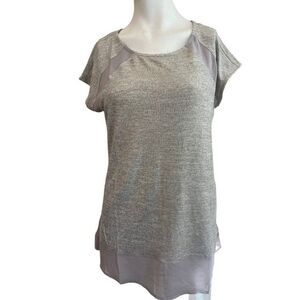 Ladies Small Knit Sleeveless Long Blouse Tunic Gray Gold Metallic Satin Trim NWT